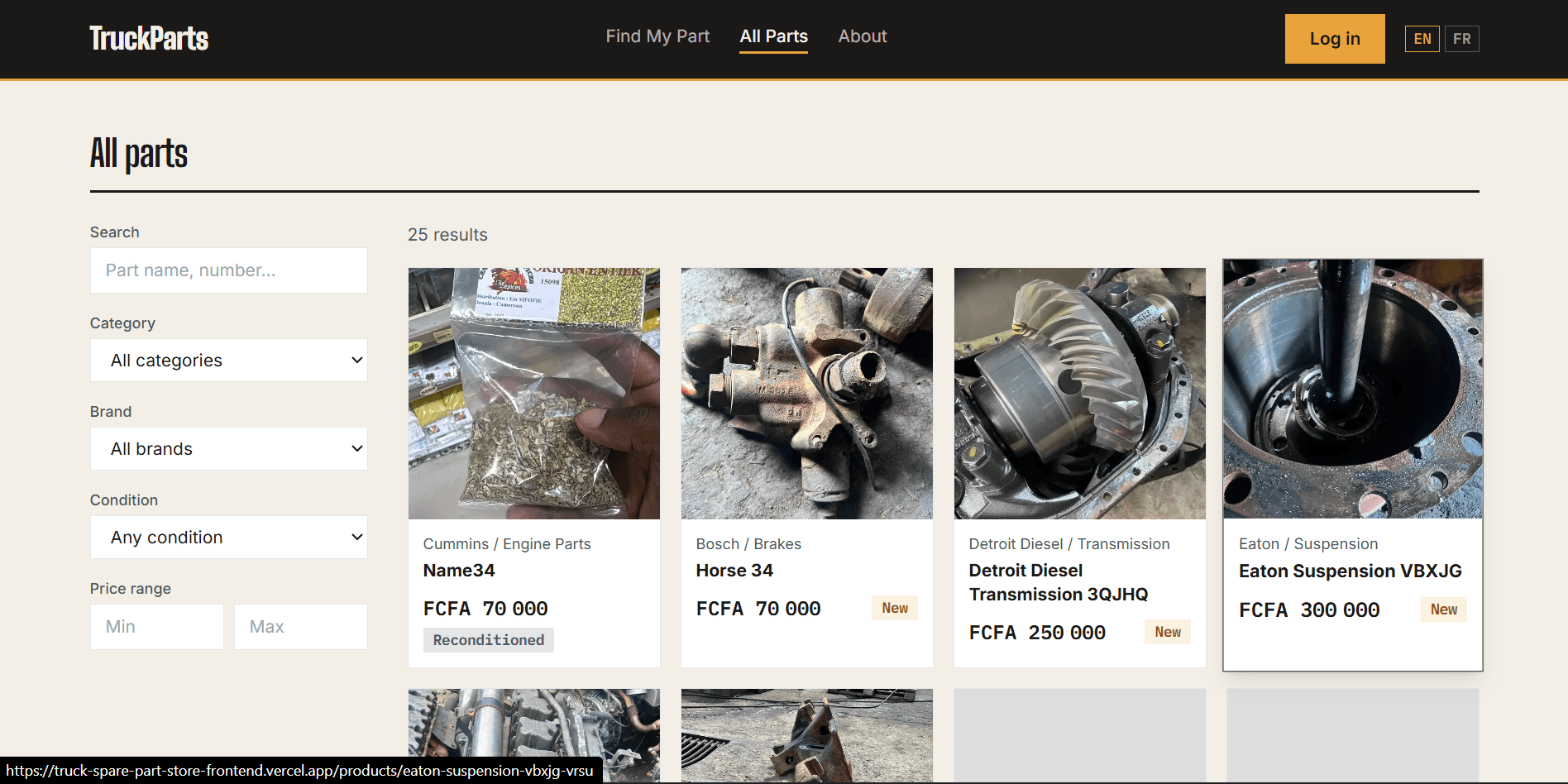 TruckParts catalogue of truck parts with search, category, brand, condition and price filters