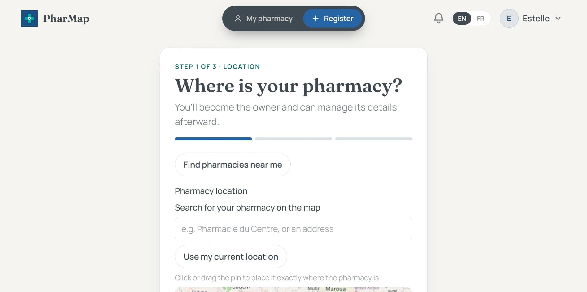 Pharmacy registration, step 1 of 3: “Where is your pharmacy?”, with search, current location and a map to place the pin