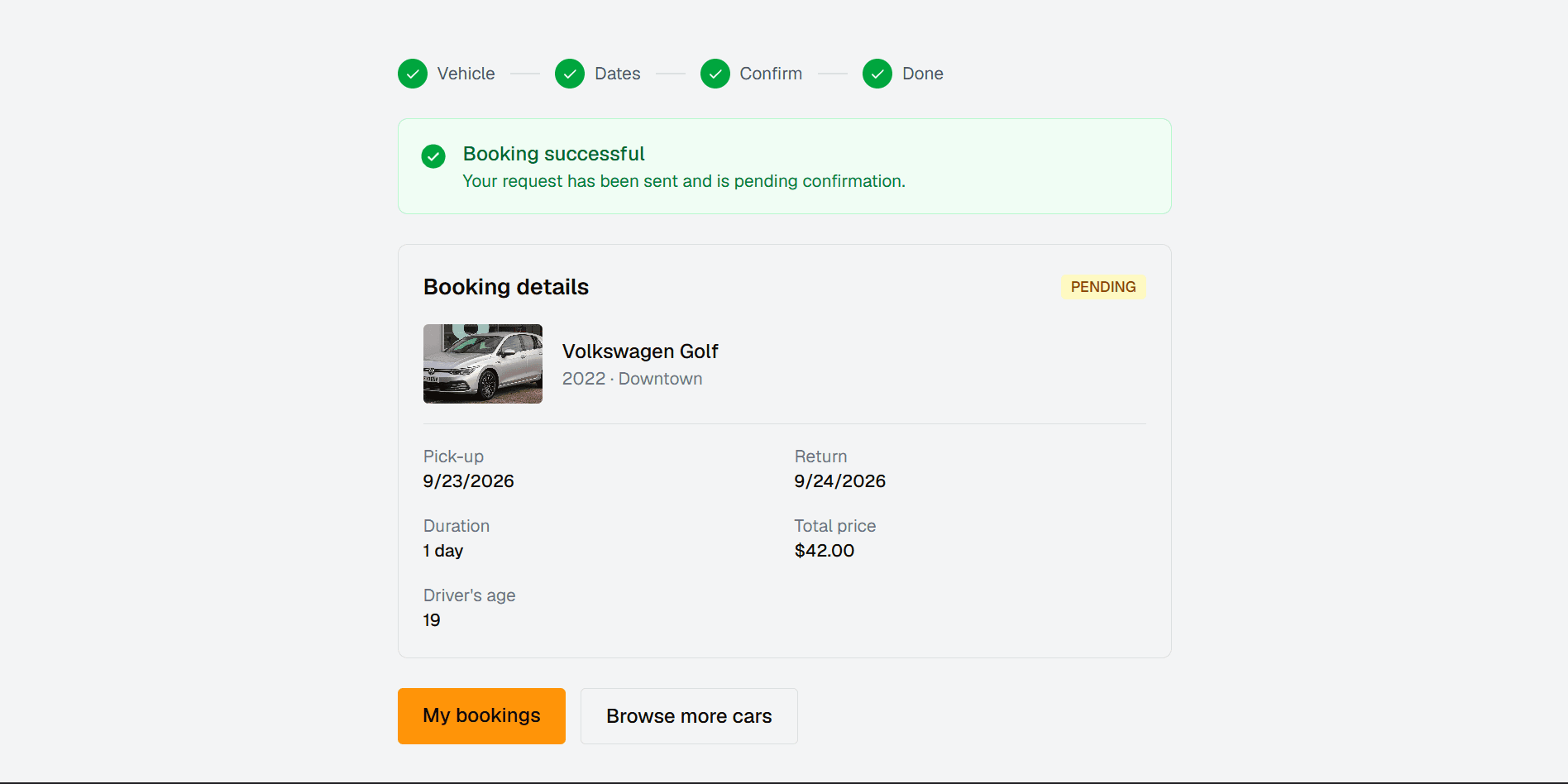 Booking sent: summary with the car, pick-up and return dates, duration, total price and pending status