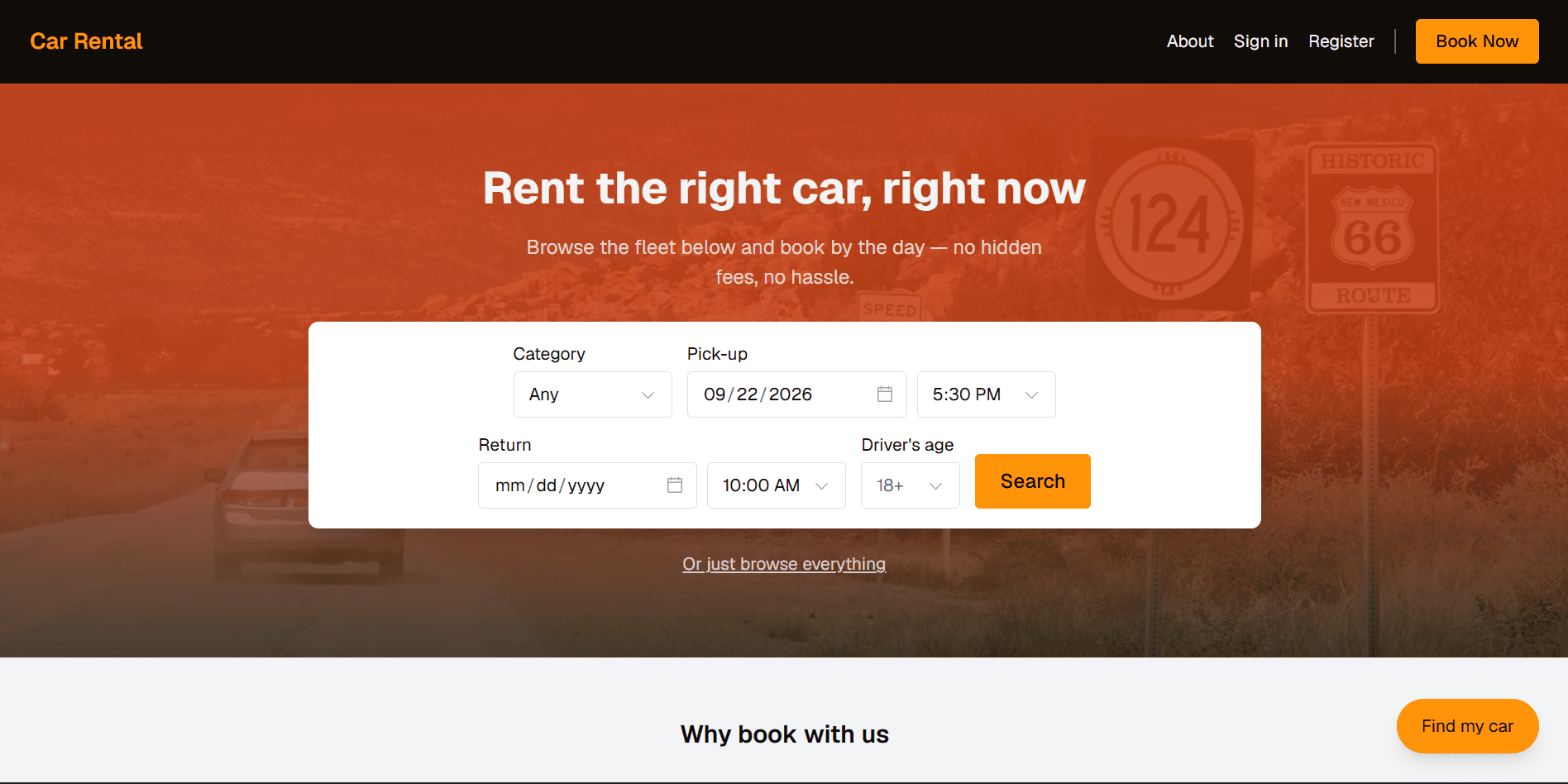 Car Rental homepage: “Rent the right car, right now”, with a search form for category, pick-up and return dates and driver's age