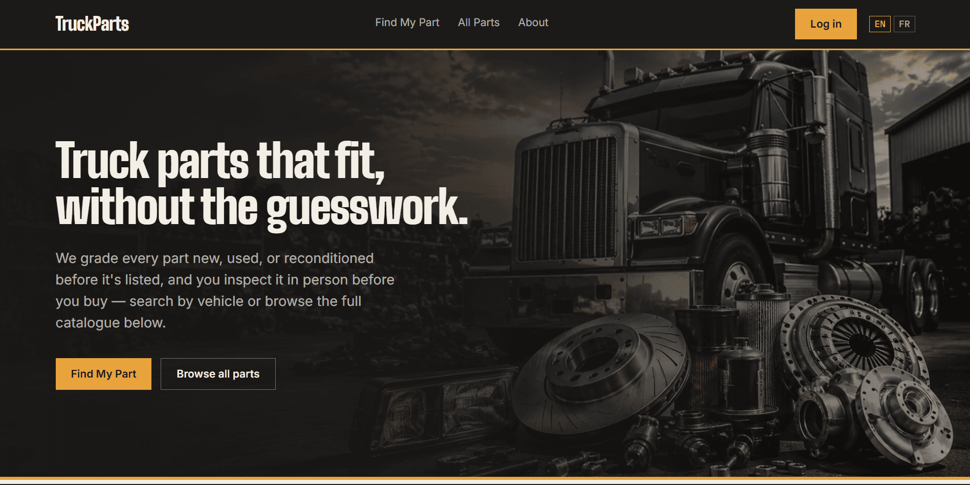 TruckParts homepage: “Truck parts that fit, without the guesswork”, with Find My Part and Browse all parts buttons
