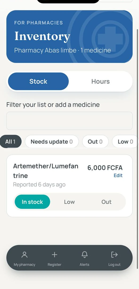 PharMap on a phone, pharmacy inventory: In stock, Low and Out buttons for each medicine